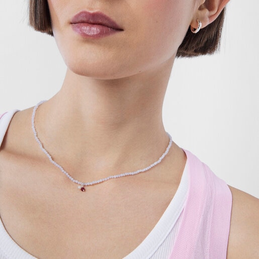 Silver Camille Necklace with Chalcedony, Ruby and Pearl