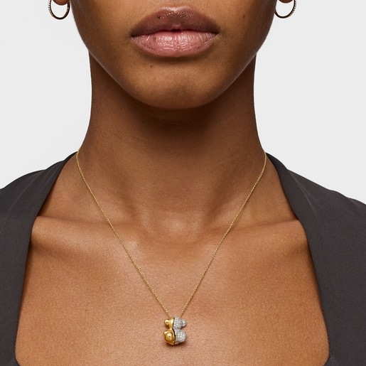 Collar corto doble oso de oro y oro blanco con diamantes Bold Bear