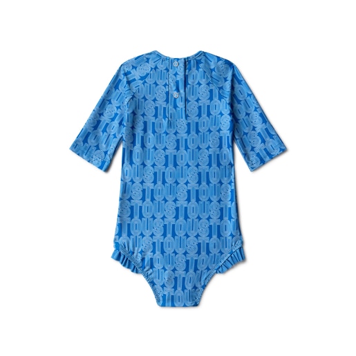 Girls one-piece swimsuit with long sleeves in Line blue