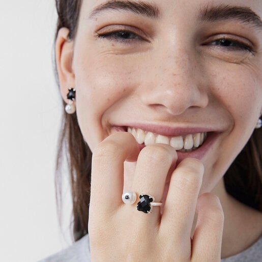Silver TOUS Erma Ring with onyx, pearl and spinels
