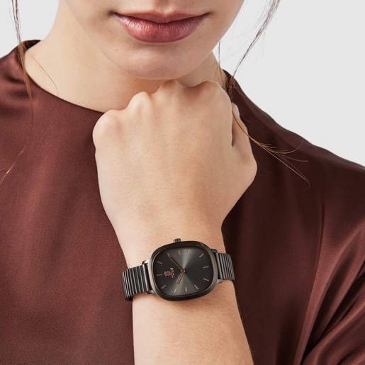 Reloj analógico Heritage Brick de acero IP gris/rosado