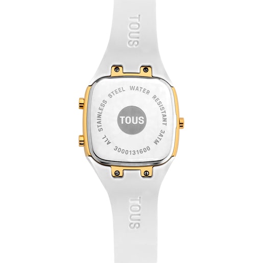 שעון דיגיטלי B-Time של TOUS עם רצועת סיליקון לבנה ומארז מפלדת IPG מוזהבת