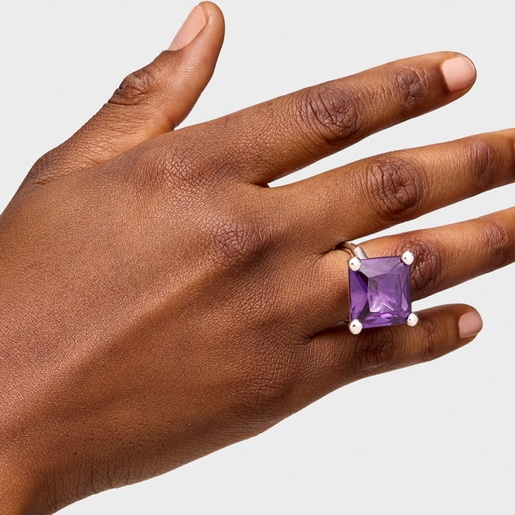 Bague en argent et saphir lilas créé en laboratoire grande TOUS Color Lab