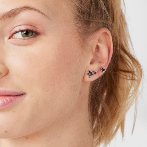Rose Silver Vermeil Teddy Bear Stars Earrings with Spinel and Ruby