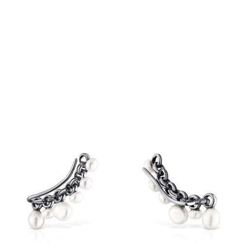 Dark silver Virtual Garden Bar earrings with cultured pearls
