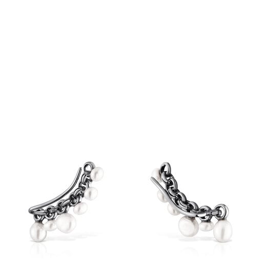 Dark silver Virtual Garden Bar earrings with cultured pearls | TOUS