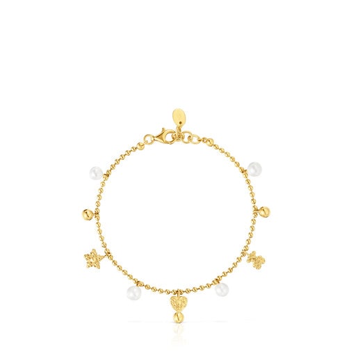 Bracelet chaîne en argent plaqué or 18 ct, perles de culture et motifs TOUS Grain