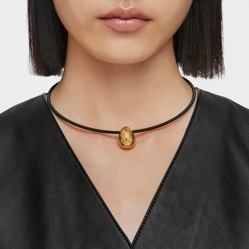 Short gold and black IP steel Necklace with teardrop motif Mesh Tube