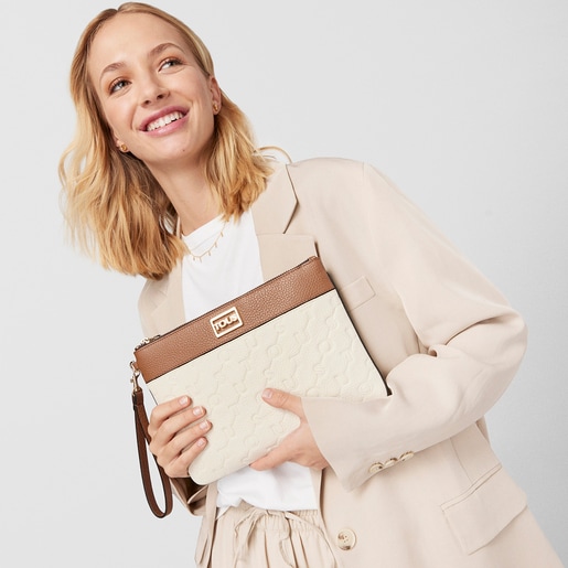 Beige and brown Leather T Script Clutch bag