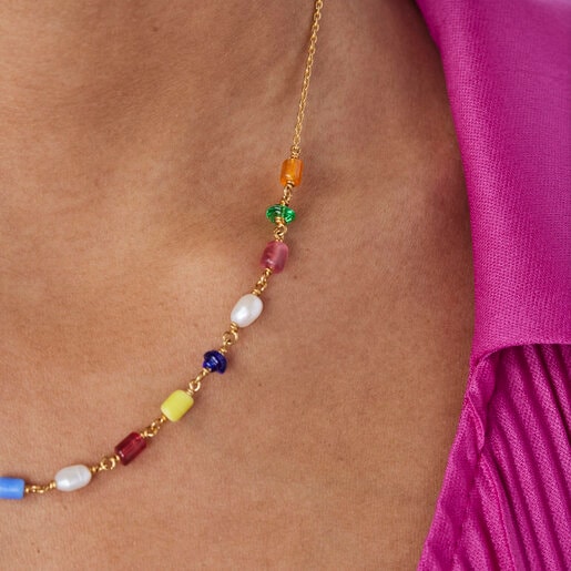 Silver vermeil Oceaan Necklace with pearls and multicolored glass