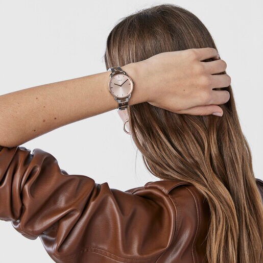 Reloj analógico Let Brazalete bicolor de acero con esfera rosa