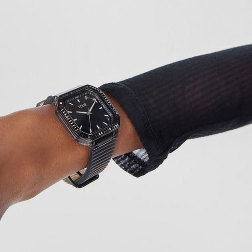 Black IP steel Analogue watch with zirconias Gleam Fresh