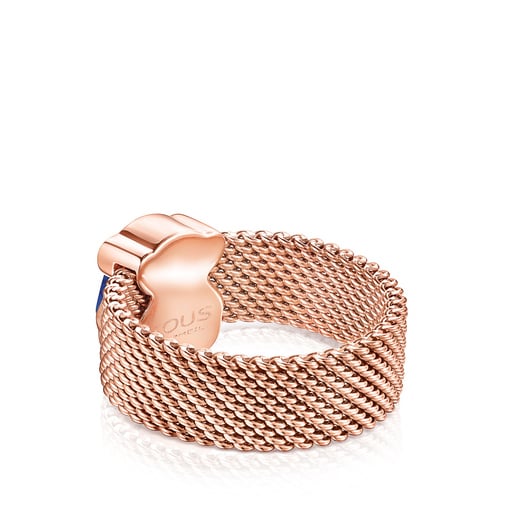 Anillo de acero IP rosado y lapislázuli facetado motivo oso Mesh Color