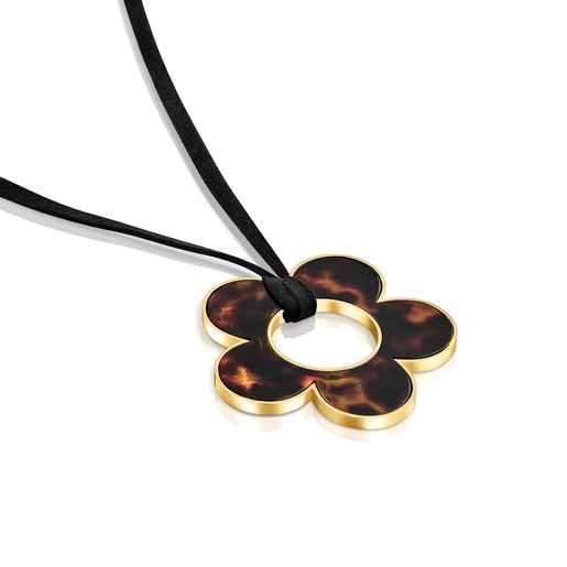 40 mm gold-colored steel, white resin and black cord flower Necklace TOUS Galaxy