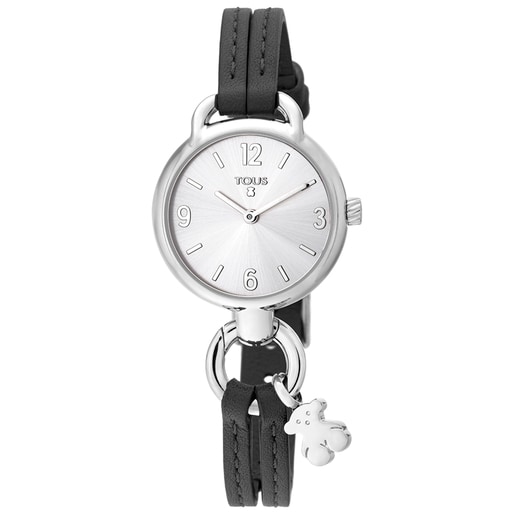 Steel Hold Watch with black Leather strap