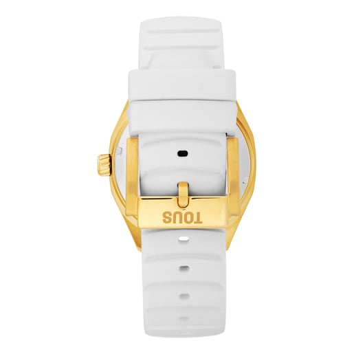 Montre analogique automatique avec boîtier en acier IPG doré et bracelet en silicone blanc TOUS Now