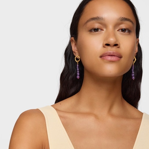 Long Earrings with 18kt gold plating over silver and amethyst Hold