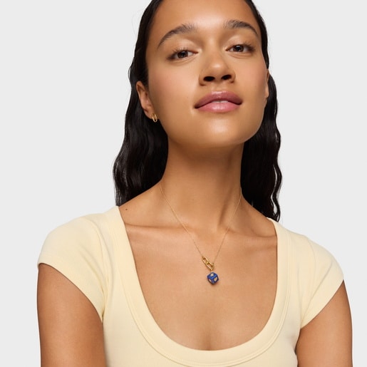 תליון Cube מזהב 14 קראט בשילוב קוביית אבן לפיס לזולי