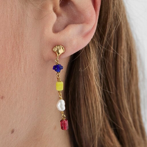 Long silver vermeil Oceaan Earrings with multicolored glass