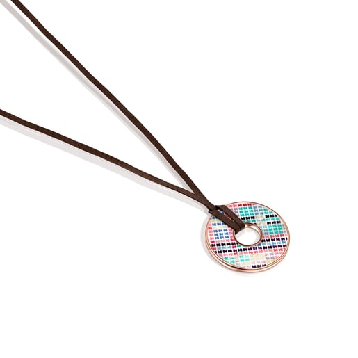 Tartan Disc Necklace in Rose Silver Vermeil with Mother-of-Pearl and brown Leather