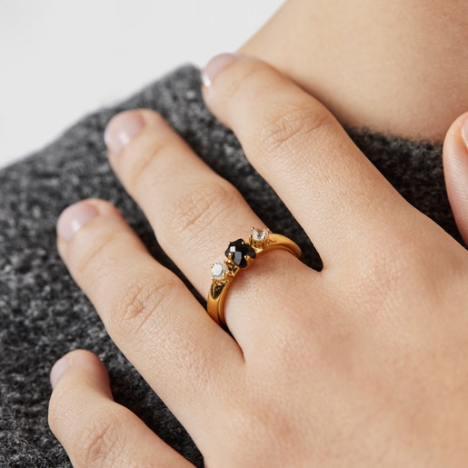 Silver Vermeil Glaring Ring with Onyx and Zirconia