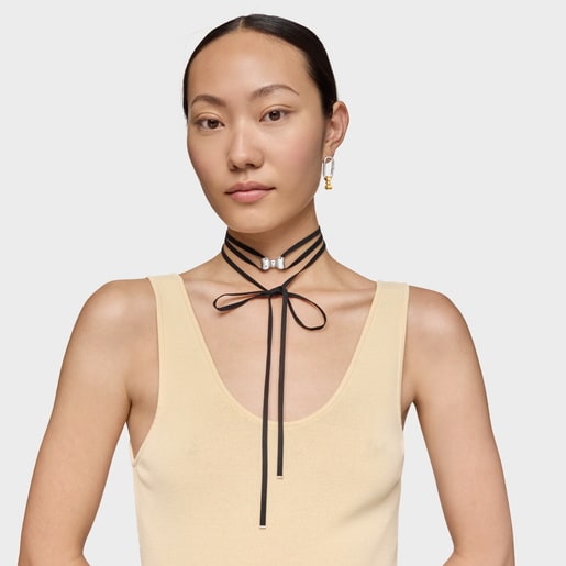 שרשרת קולר TOUS Ribbon דמוית זמש בשילוב פפיון בגודל 25 מ"מ מכסף