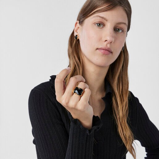 Vermeil Silver Color Ring with faceted Onyx