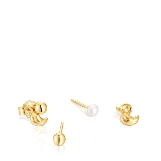 Pack de aretes con baño de oro 18 kt sobre plata motivo pato y perlas cultivadas Virtual Garden