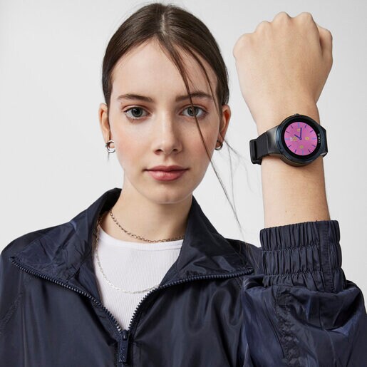Blue IP steel Rond Connect Watch with black silicone strap
