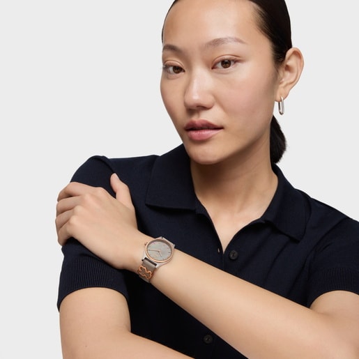 Analog watch with gray leather bracelet, rose-colored steel and mother-of-pearl face Epic Icon