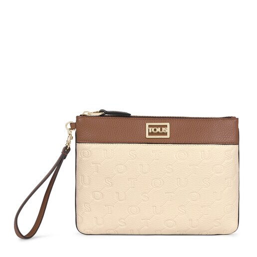 Clutch T de piel en beige y marrón | TOUS