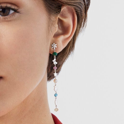 Long Silver Fragile Nature Earrings with Gemstones