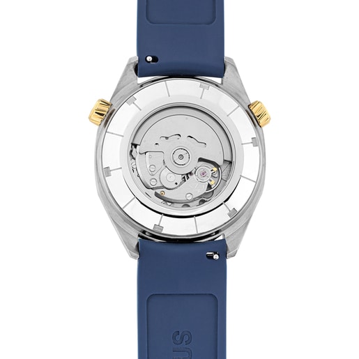 gmt automaticky hodinky s tmavomodrým silikonovým řemínkem, pouzdrem z oceli IPG ve zlaté barvě a perleťovým ciferníkem TOUS Now