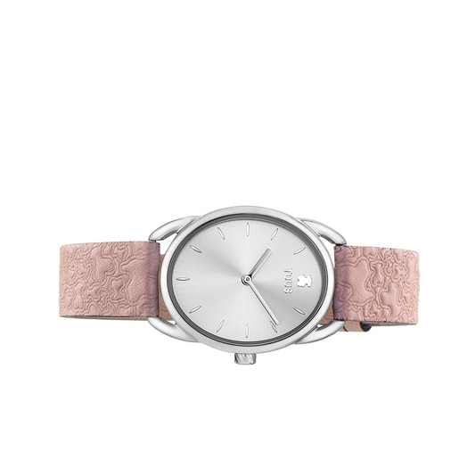 Steel Dai Analogue watch with pink leather Kaos strap | TOUS