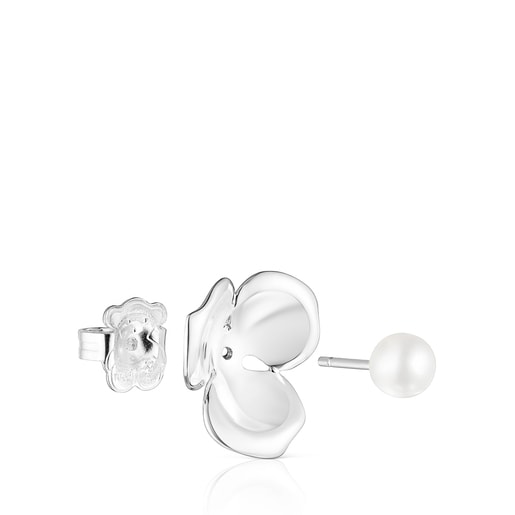 Small Silver Fragile Nature flower Earrings with Pearl | TOUS
