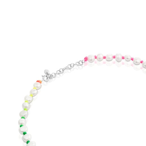 Collier nylon multicolore, argent et perles de culture Logo