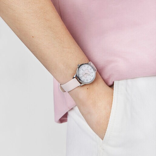 Reloj analógico New Muffin de acero con correa de piel rosa