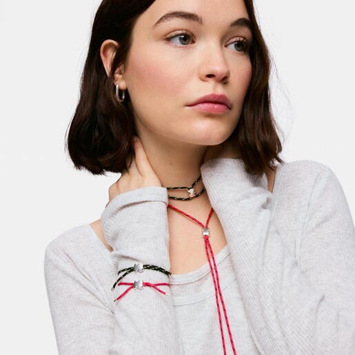 Long silver and pink nylon bear Necklace TOUS Bold Motif