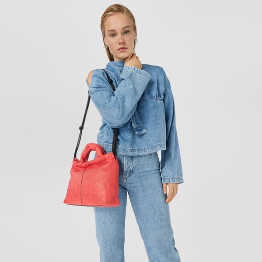 תיק TOUS Cloud בינוני עם רצועת כתף אחת מעור בצבע אדום קורל