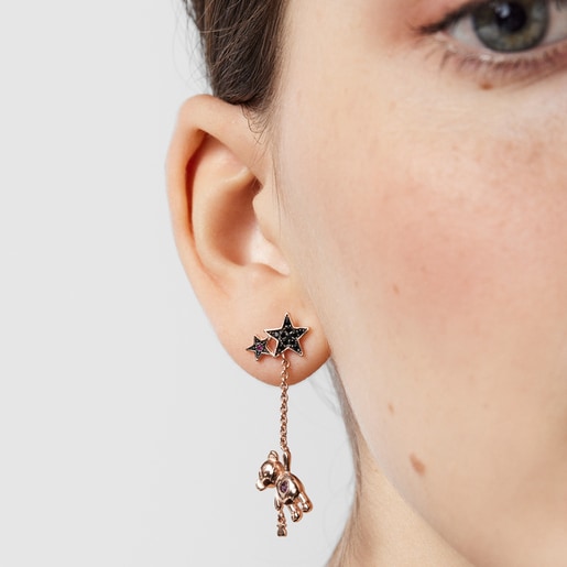 Short/long Rose Silver Vermeil Teddy Bear Stars Earrings with Spinel and Ruby
