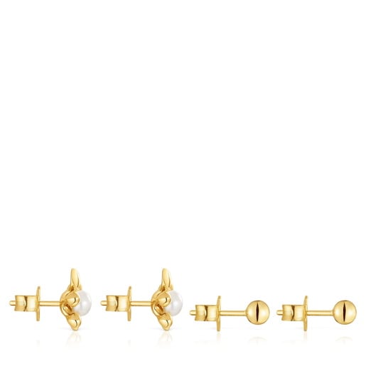 Pack de aretes con baño de oro 18 kt sobre plata motivo tortuga y perlas cultivadas Virtual Garden