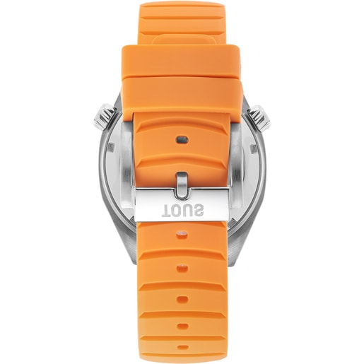 שעון אנלוגי Now של TOUS עם רצועת סיליקון בצבע ורוד סלמון, מארז מפלדה ועיצוב לוח שעון בגוון אם הפנינה