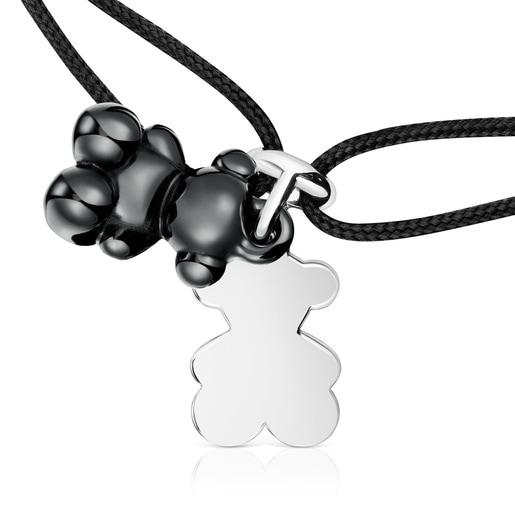 Pulsera doble oso de plata con cerámica negra y nylon negro Bold Bear