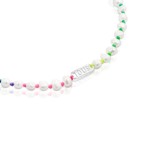 Collier nylon multicolore, argent et perles de culture Logo