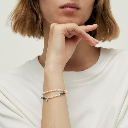 Pulsera elástica con gemas, perlas cultivadas y motivo oso de plata Bold Motif