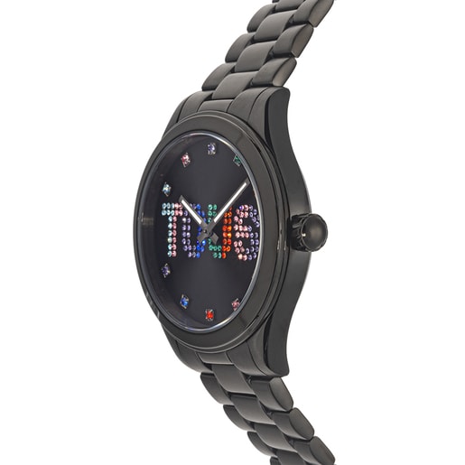 Analogowy zegarek T-Logo wyposażony w stalową bransoletę z czarną powłoką IP i ozdobiony kryształkami