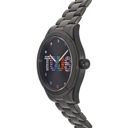 Montre analogique avec bracelet en acier IP noir et cristaux T-Logo