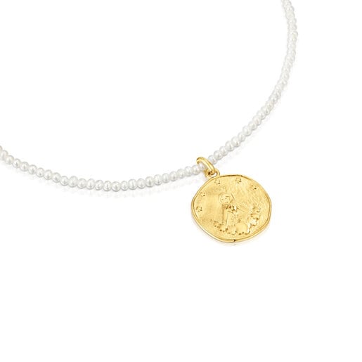 Collar de perlas cultivadas y medalla con baño de oro 18 kt sobre plata Virgen de Guadalupe Devoción