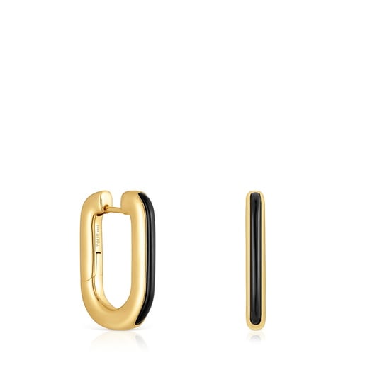 Aretes de aro con baño de oro 18 kt sobre plata y ónix Line