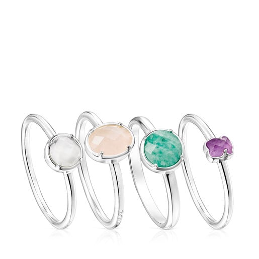 Pack de cuatro Anillos de plata y gemas Cool Color